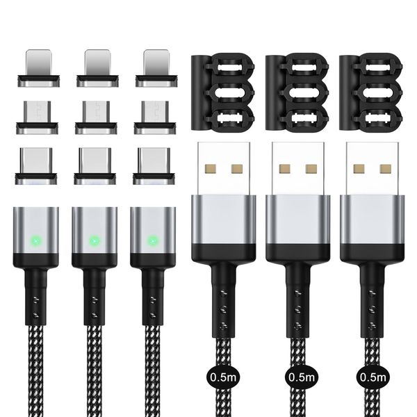 SUNTAIHO SYCX-001 Magnetic Charging Cable, 3A Rapid Charging, USB Charging, Magnetic Cable (0.5 M/Set of 3, 9 Magnetic Terminals) Compatible with Data Transfer, USB Type-C, MicroUSB, USB Type-L, Magnet, Dustproof, Removable, For i0S, Android USB Magnetic 