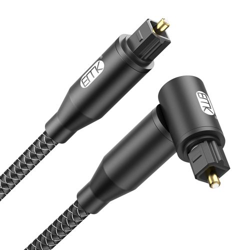 EMK 90 Degree Right Angle Optical Audio Cable [6ft/2M] - 360° Rotatable Digital Toslink SPDIF Cable for Soundbar to TV, Home Theater - Black Fiber Optic Cable with Angled Connector