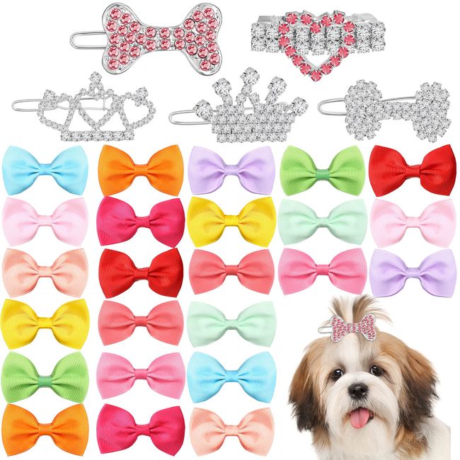 Janinka 29 Pcs Dog Hair Bows, 12 Pairs Dog Hair Bows with Clips and 5 Pcs Tiara Crown Dog Accessories Mix Colors Cute Dog Hair Bows Crystal Rhinestone Barrette Grooming Hair Products