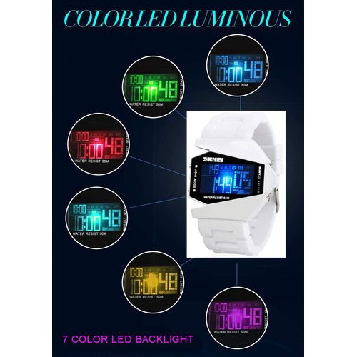 Gosasa Men Sports Military Watches Digital Airplane Shaped LED Colorful Light Watches (Black) (White)