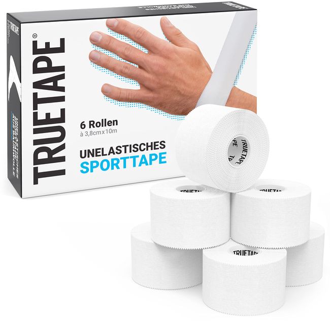 TRUETAPE Sporttape | 6 Tape Rollen (3,8cm x 10m) | reißbare medizinische Sport Tapes I starrer Tapeverband weiß | starke Haftung und hautfreundlich