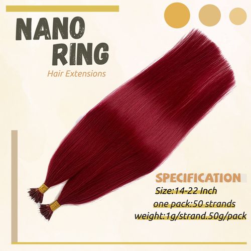 Burgundy Nano Ring Hair Extensions Real Human Hair,Burgundy Silky Straight Nano Bead Hair Hair Nano Tip Human Hair Extensions Pre Bonded Tipped Hair Cold Fushion Micro Ring 50g 1g/s 16Inch #Wine Red