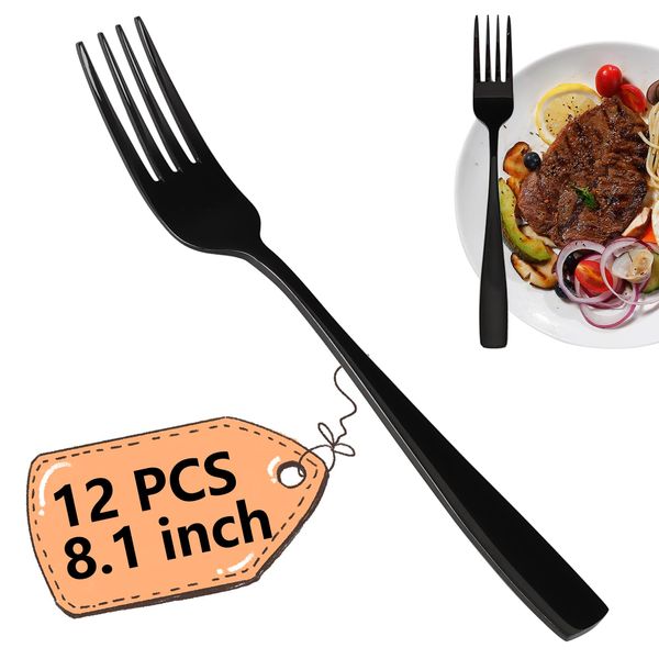 Afromy 12 Pieces Stainless Steel Table Fork Set, Flatware Dinner Forks, Black