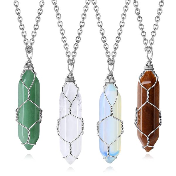 MAIBAOTA 4Pcs Healing Crystal Necklace Wire Wrapped Opal Clear Quartz Green Aventurine Tigers Eye Stone Point Pendant Necklaces Natural Spiritual Reiki Quartz Gemstone Jewelry for Women