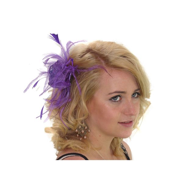 Amethyst Purple Rose Feather Hair Comb Slide Hat Fascinator Wedding Races for Women Girls by Glitz4Girlz