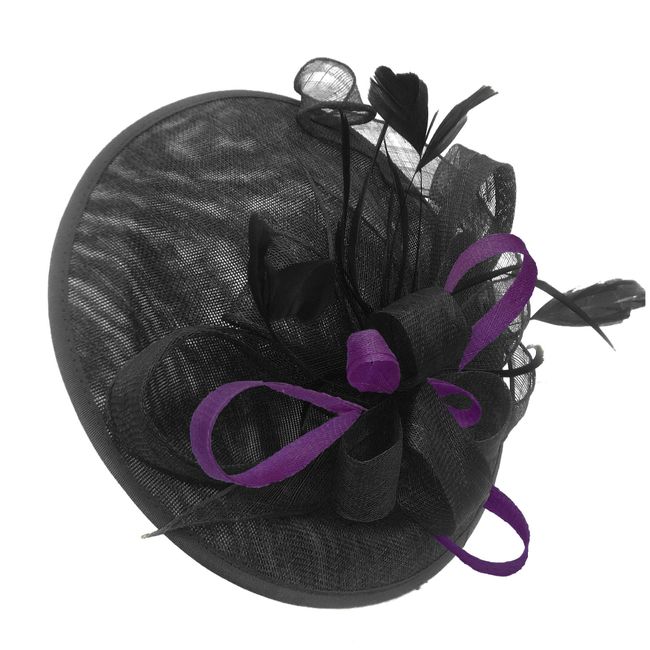 Caprilite Black and Dark Purple Sinamay Big Disc Saucer Fascinator Hat for Women Weddings Headband