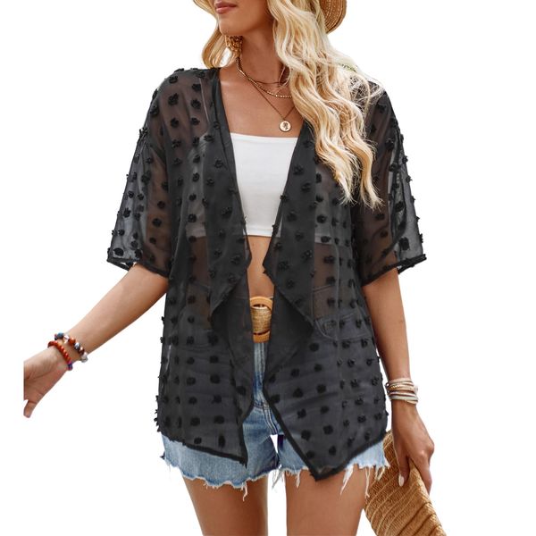 Atxnn Women's Summer Kimono Cardigans Half Sleeve Shrugs for Women UK Loose Fit Open Front Beach Cover Ups with Hairball, Black M