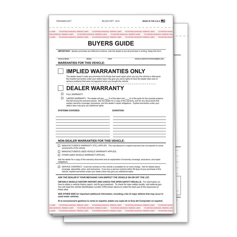 2 PART CAR DEALER BUYER GUIDE PACK OF 100 FORMS IMPLIED WARRANTY ...