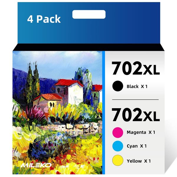 MILEKO 702XL Ink Cartridges Remanufactured Replacement for Epson 702XL 702 702 XL T702XL use with Workforce Pro WF-3720 WF-3730 WF-3733 Printer (1 Black 1 Cyan 1 Magenta 1 Yellow,4 Pack High Yield)