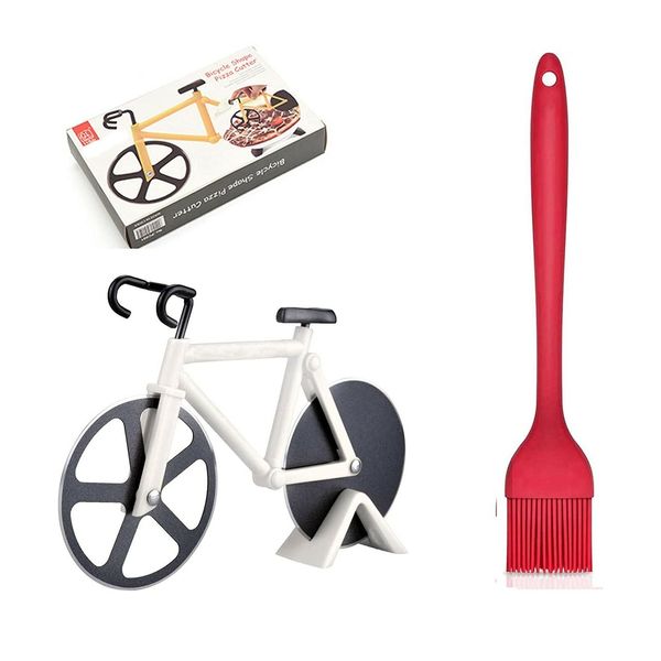 Bicycle Pizza Cutter Wheel Non-stick Stainless Steel Dual Cutting and BBQ Brush