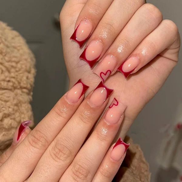 JUSTOTRY 24 Pcs Red French Press on Nails Short with Heart Designs,Glossy Burgundy False Nails Square with Nail Glue,Pretty Stick on Nails for Women and Teens,Squoval Fake Nails for Nails Art