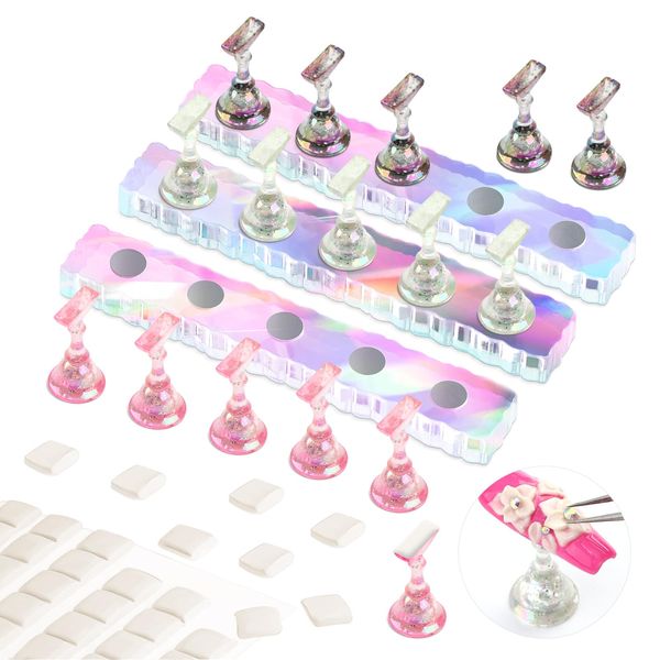 SAVILAND Nail Stand for Press On Nails Display: 3 Nail Stand Set 2X Strong Magnet Fake Nail Holder Painting Nails Flase Finger Holder Iridescent Acrylic Nails Art Adhesive Putty Nail Tools Home DIY