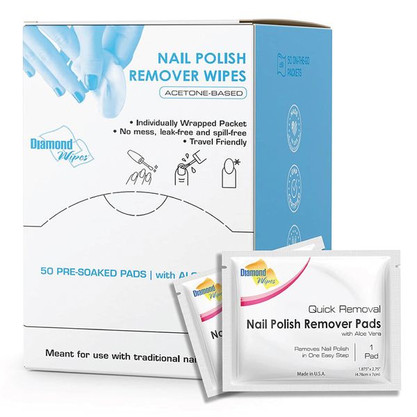 Diamond Wipes Nail Polish Remover Wipes with Aloe Vera, Acetone Nail Polish Remover Pads, 50 Individually Wrapped Nail Polish Wipes