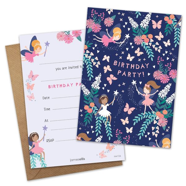 James Ellis Pack of 8 Children’s Fairy Birthday Party Invitations with Envelopes