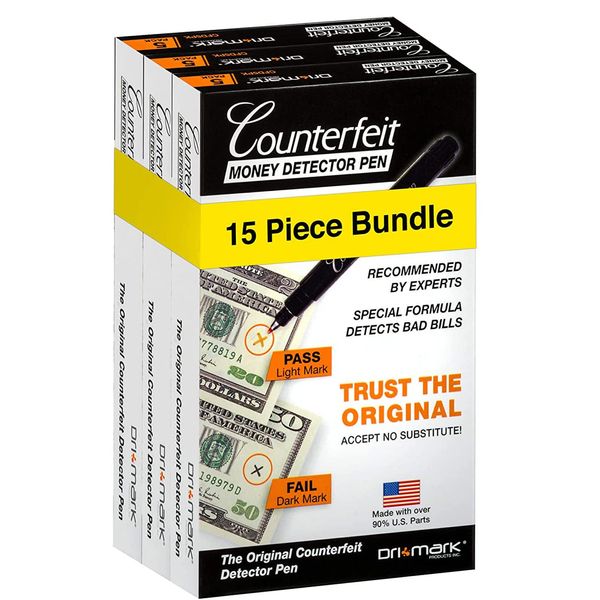 Dri Mark CFD15PK Counterfeit Bill Detector Marker Pen, Made in The USA, 3 Times More Ink, Pocket Size, Fake Money Checker - Money Loss Prevention Tester & Fraud Protection for U.S. Currency (15 Pack)