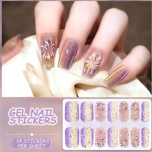 KASESSS 70 Pieces Gel Nail Stickers Self Adhesive, Gel Nail Strips Firework Pattern, Long Lasting Gel Nail Wraps, Nail Polish Stickers with Glossy Gel Finish, Nail Gel Stickers No UV/LED Lamp Required