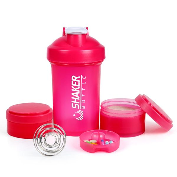 VECH Protein Shaker Bottle -16oz Shaker Cup - 500ml Shaker Bottle for Protein Shakes with Mixing Ball - Leak Proof GYM Shaker Bottles for Workout with Supplement Storage & Pill Tray -Bpa Free (Pink)