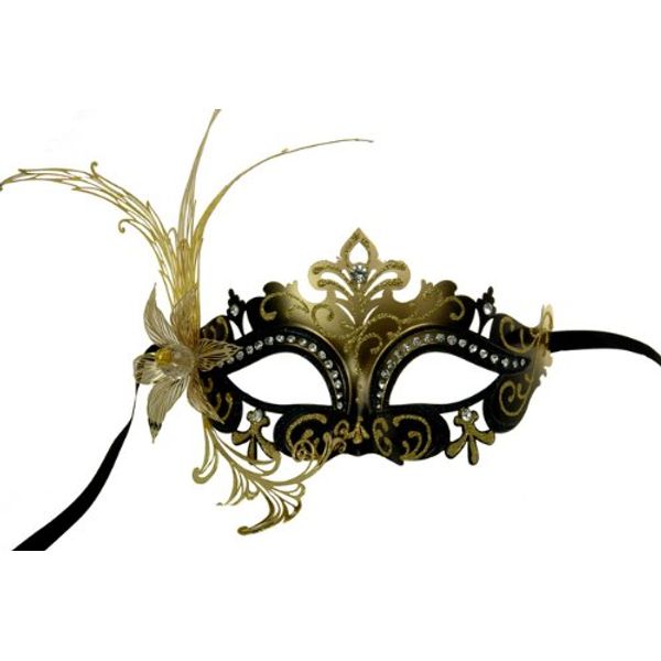 Laser Cut Venetian Masquerade Mask Costume w/Side Lily Flower- Black