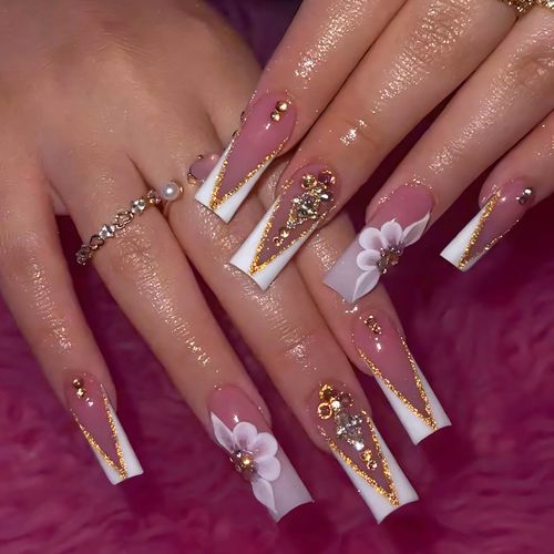 QQPPOLIU Nail Press Ons French Press on Nails Nude Nails with Rhinestones and Flower Designs Long Nails Medium Coffin Press on Nails Square 3d Press on Nails Glitter Fake Nails 24pcs