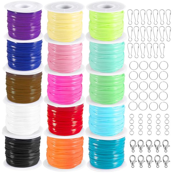 KAMJUNTAR Lanyard String,15 Rolls Gimp String Plastic Lacing Cord Plastic String Lanyard Kit for Friendship Bracelets Jewelry Making DIY Craft Boondoggle Gimp Bracelet Making Kit