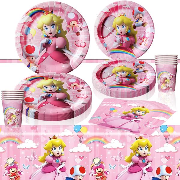 81 PCS Princess Peach Tableware Sets, Princess Peach Party Paper Plates and Napkins Set Includes 40 PCS Plates, 20 PCS Napkins, 20 PCS Cups,1 PCS Tablecover for Kids Birthday Party Supplies