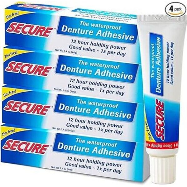 4 Pack Secure Waterproof Denture Adhesive Cream, Zinc Free & Flavor Free, 1.4 oz