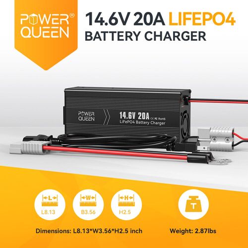 Power Queen 14.6V 20A Smart AC-DC Lithium Battery Charger for 12V 100Ah LiFePO4