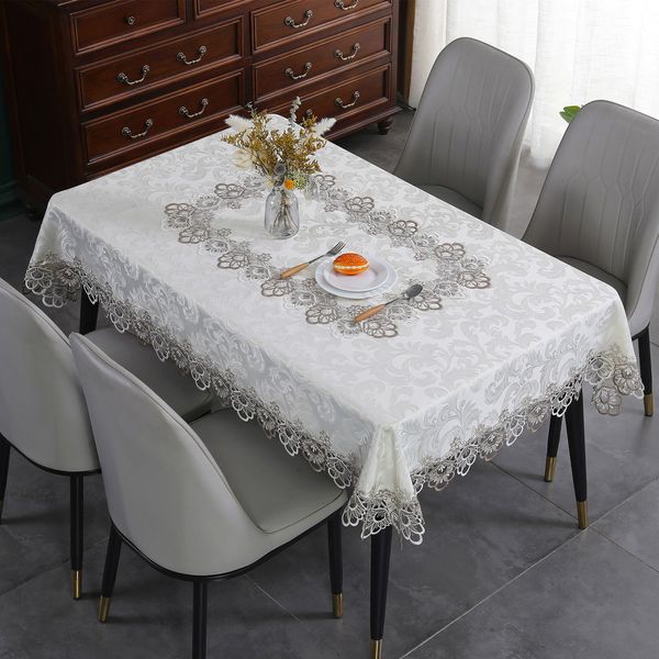 Yinghesheng Lace Table Cloth Polyester Tablecloth Rectangle Wipe Clean Tablecloths, Hollow Out Flower Embroidery Table Cloths, Decorative Table Cover, Beige,60 * 60CM,No Central Pattern