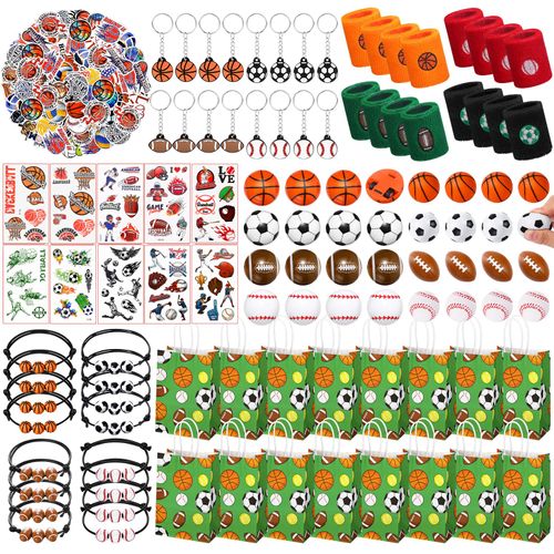 Aoriher 162 Pcs Sport Party Favors, Sport Party Gift Bag Fillers Foam Sports Balls Tattoo Stickers Keychains Sticker Charm Bracelets Sport Wristband Pull Back Cars for Party Supplies