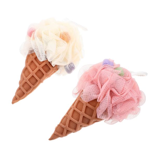 Shower Wash Sponge 2Pcs Ice Cream Bath Shower Loofah Sponge Mesh Pouf Shower Ball Exfoliating Shower Sponge Loofa Loufa Puff Scrubber for Men Women Bathroom Body Wash Scrubber