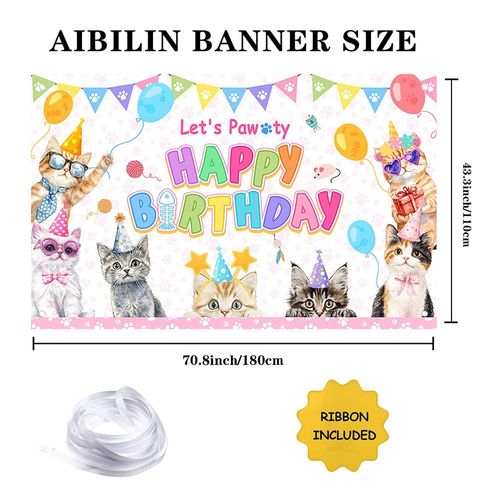 AIBIIN Cat Birthday Decorations Pink Cute Cat Birthday Party Banner Let's Pawty Cats Kids Birthday Photography Backdrop Indoor and Outdoor 70.8x43.3 inch