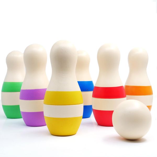 Shumee Wooden Bowling Pins Set for Kids|Stripe Pattern|3 Years+|Child Safe & Non Toxic|6 pins & 1 Ball| Suitable for Indoor & Outdoor Sports Games|for Toddlers,Preschoolers & Children|Gifting