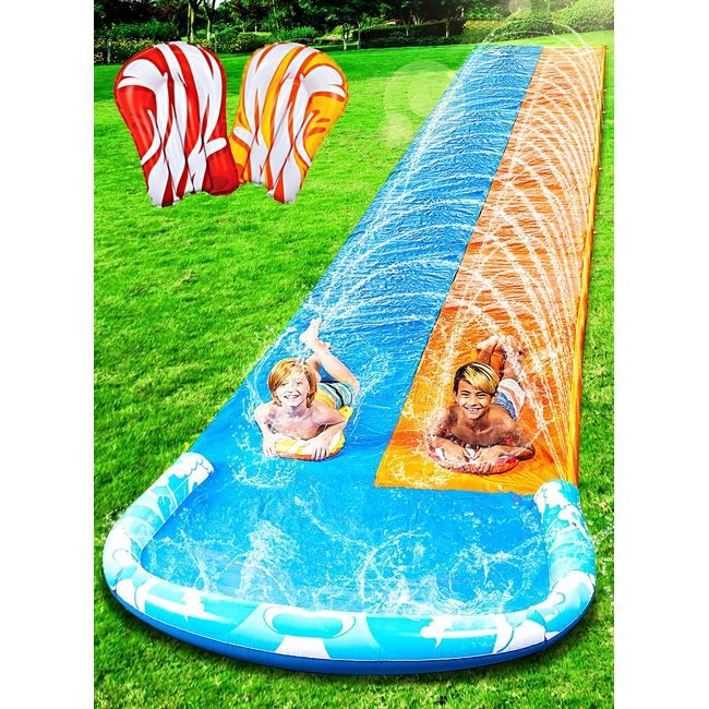 JOYIN 22.5ft Water Slides and 2 Bodyboards, Lawn Water Slide Summer Slip Waterslides Water Toy with Build in Sprinkler for Backyard Outdoor Water Fun for Kids