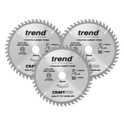 Trend CraftPro TCT Sawblades Triple Pack for Wood, 165mm Diameter, 20mm Bore, 48 Teeth, 2.2mm Kerf, +15° Hook, CSB/165/3PK/A