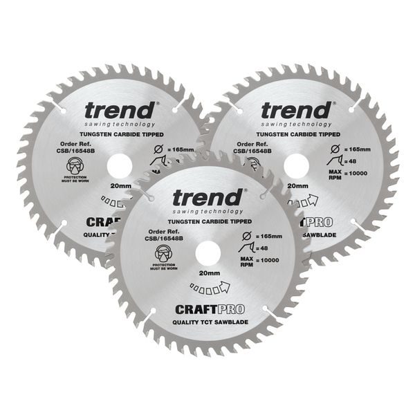 Trend CraftPro TCT Sawblades Triple Pack for Wood, 165mm Diameter, 20mm Bore, 48 Teeth, 2.2mm Kerf, +15° Hook, CSB/165/3PK/A