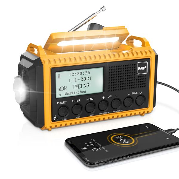 Wind up Radio, DAB+/DAB/FM 5000mAh Solar Radio with LCD Display, Hand Crank Radio with USB Port, Rechargeable Radio for Outdoors, Emergency Radio Torch Reading Lamp