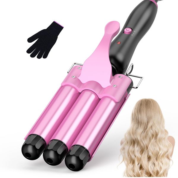 Lockenstäbe 3 Fässer für Große, Welleneisen für haare, lockenstab 3 fässer-Keine Locken Keramik Lockenwickler Beach waves lockenstab Temperatureinstellung Schnelle Erwärmung mit Handschuh,Rosa