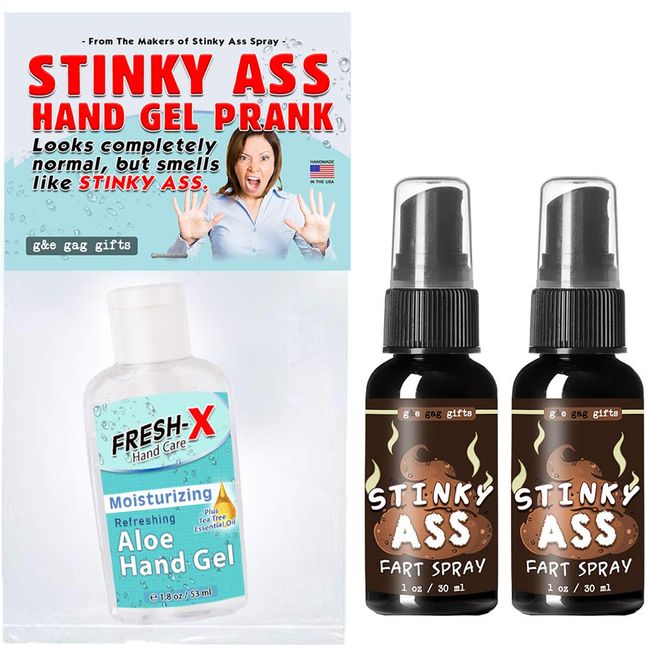 G&E PRODUCTS - Gag Gifts 2 Pack - Stinky Fart Spray - Plus 1 - Bottle of Our Stinky Hand SANITIZER Prank - Hand Cleansing Gel - Leaves Hands Smelling Gross