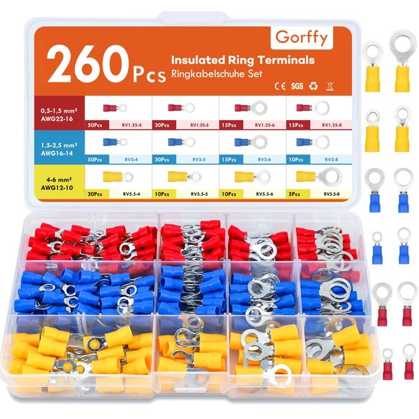 Gorffy Ring Terminals, 260PCS Electrical Crimp Connectors, AWG22-10 Crimp Terminals, Insulated Wiring Connectors, Ring Electrical Wire Connectors for Wiring