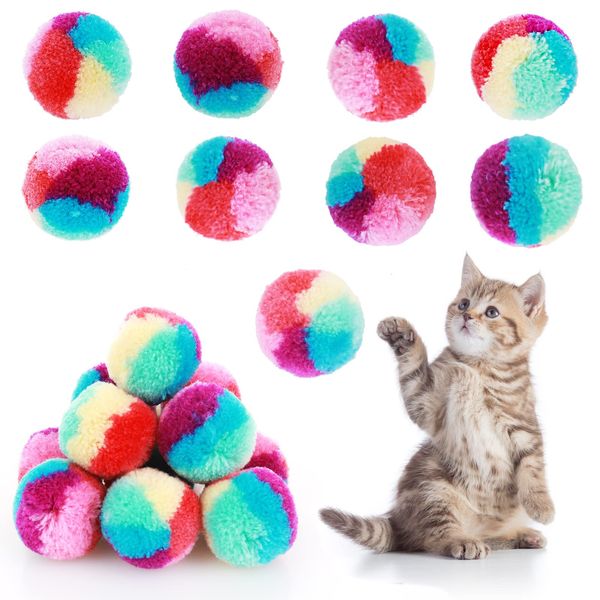 TIESOME Rainbow Cat Toy Balls, 20PCS Soft Cat Ball Colorful Cat Pom Pom Balls Kitten Puff Balls Indoor Cats Interactive Play Ball Pet Training Ball for Cat Kittens Playing Exercising 1.2 inch