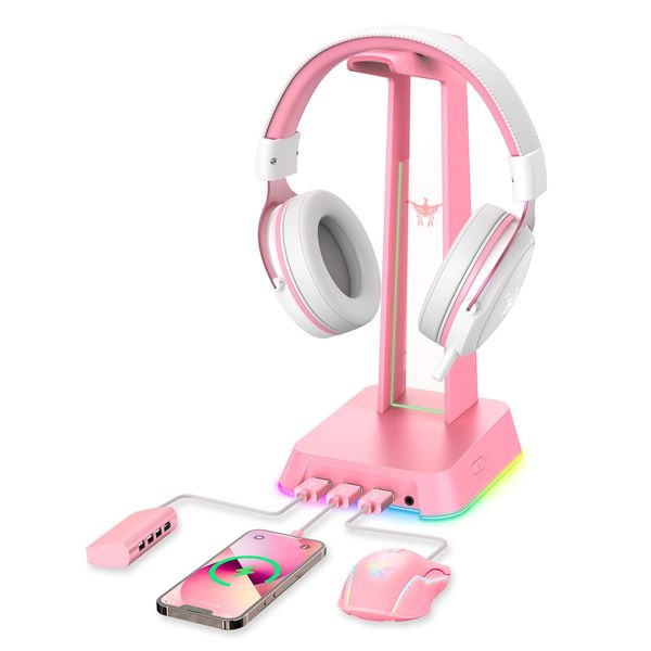 PHNIXGAM RGB-Kopfhörerständer mit 3,5-mm-AUX- und 3-Port-USB-2.0-Hub, universeller Gaming-Headset-Aufhängerhalter für Computer-Gaming-Gamer-Zubehör (Rosa)