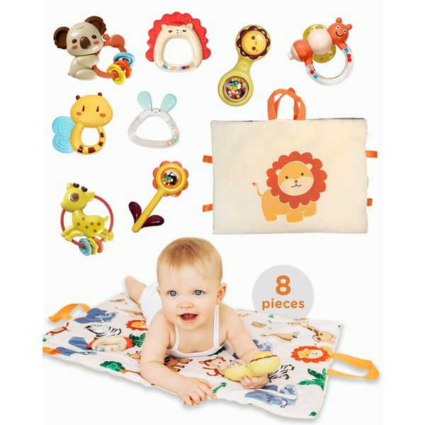 Move2Play, 8 Piece Baby Rattle and Tummy Time Mat Set | Rattle and Silicone Teething Toys | Baby Toys 3-6 Months | 3, 4, 5, 6 Month Old Must Have | Infant Gifts for Boys and Girls