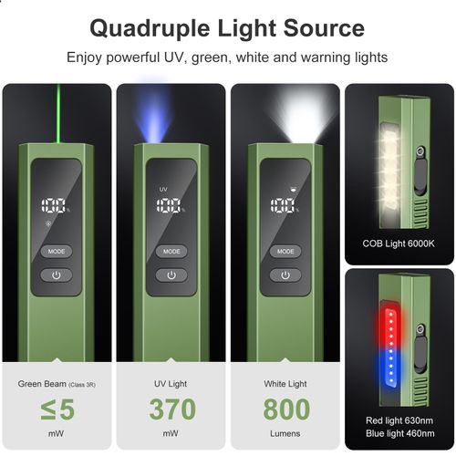 WETEAMNOL Rechargeable EDC Flashlight with Green Beam, UV and White Light Combo, 500LM Portable Pocket Lights with Digital Display, Four Sources for Camping Emergency Working (green2)