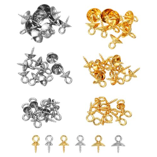 PATIKIL 4mm/6mm/8mm Cup Pearl Screw Eye Pin Peg Pendant, 60 Pcs Eye Pin Pegs with Cap for Earrings Half Drilled Beads Making, Gold&Silver