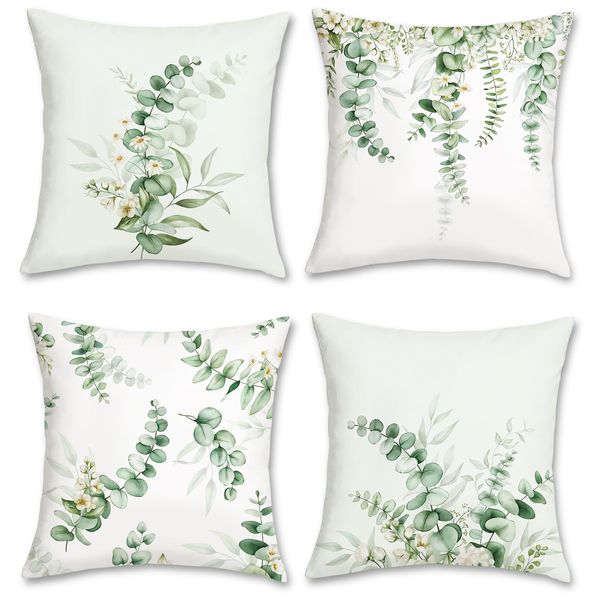 Bonhause Eucalyptus Leaves Cushion Covers 45 x 45 cm Sage Green Leaf White Flower Decorative Throw Pillow Covers for Sofa Couch Bed Home Garden Patio Decor Set of 4