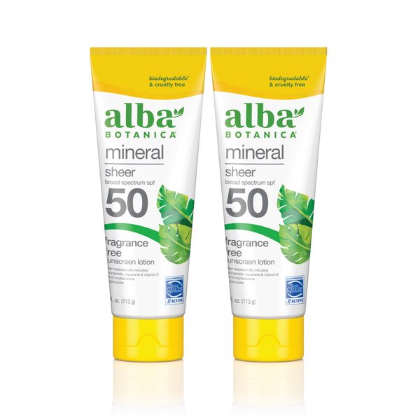 Alba Botanica Mineral Sunscreen Lotion, Broad Spectrum SPF 50 Sunscreen, Water Resistant and Biodegradable, 4 fl. oz. (Pack of 2)