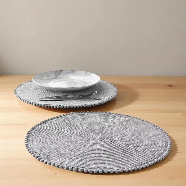 4 x Round Placemats Stylish Tableware Essentials for Dining Table Protection Pom Pom Design, 38cm, Grey