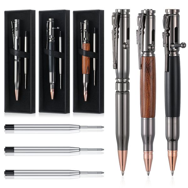 Crtiin 3 Sets Bullet Pens for Men Bolt Pen Bullet Pen for Pen Lover with Pen Gift Box and Black Ink Refills for Thanksgiving Christmas Valentine's Day Gifts