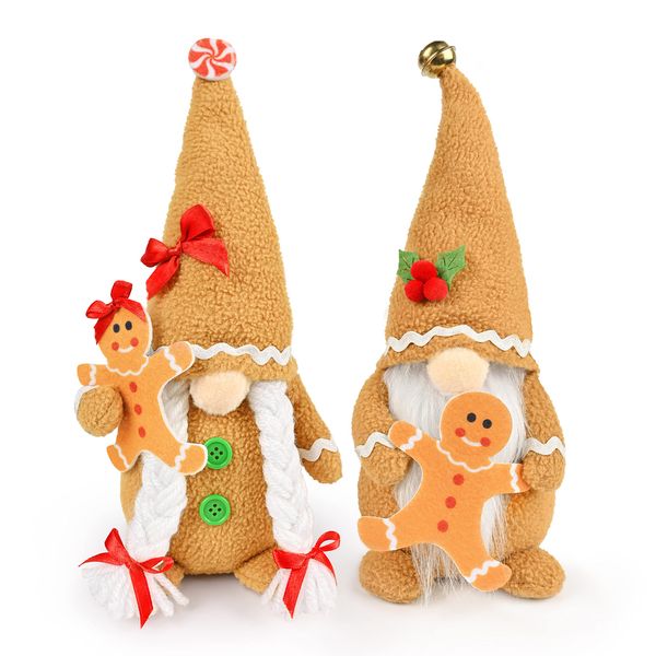 D-FantiX Christmas Gingerbread Man GNOME Plush Doll Set, 2 Stück Handgemachte Weihnachten Lebkuchenmann Stuffed Nordic GNOME Ornament Set, Nordic Swedish Tomte GNOME Collectible Doll Ornament