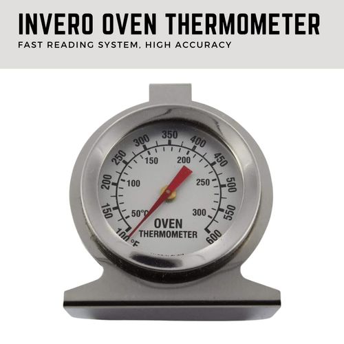 Invero Universal Stainless-Steel Oven Thermometer Monitoring Temperature Gauge - Hang or Stand in Oven - Clear Dial